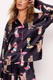 Black Western Cowgirl Boots Printed Satin Long Pajama Set