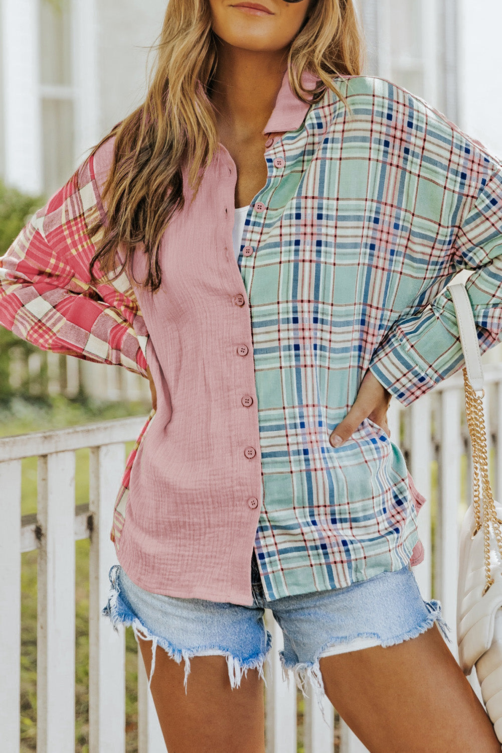 Plaid Contrast Color Block Shirt