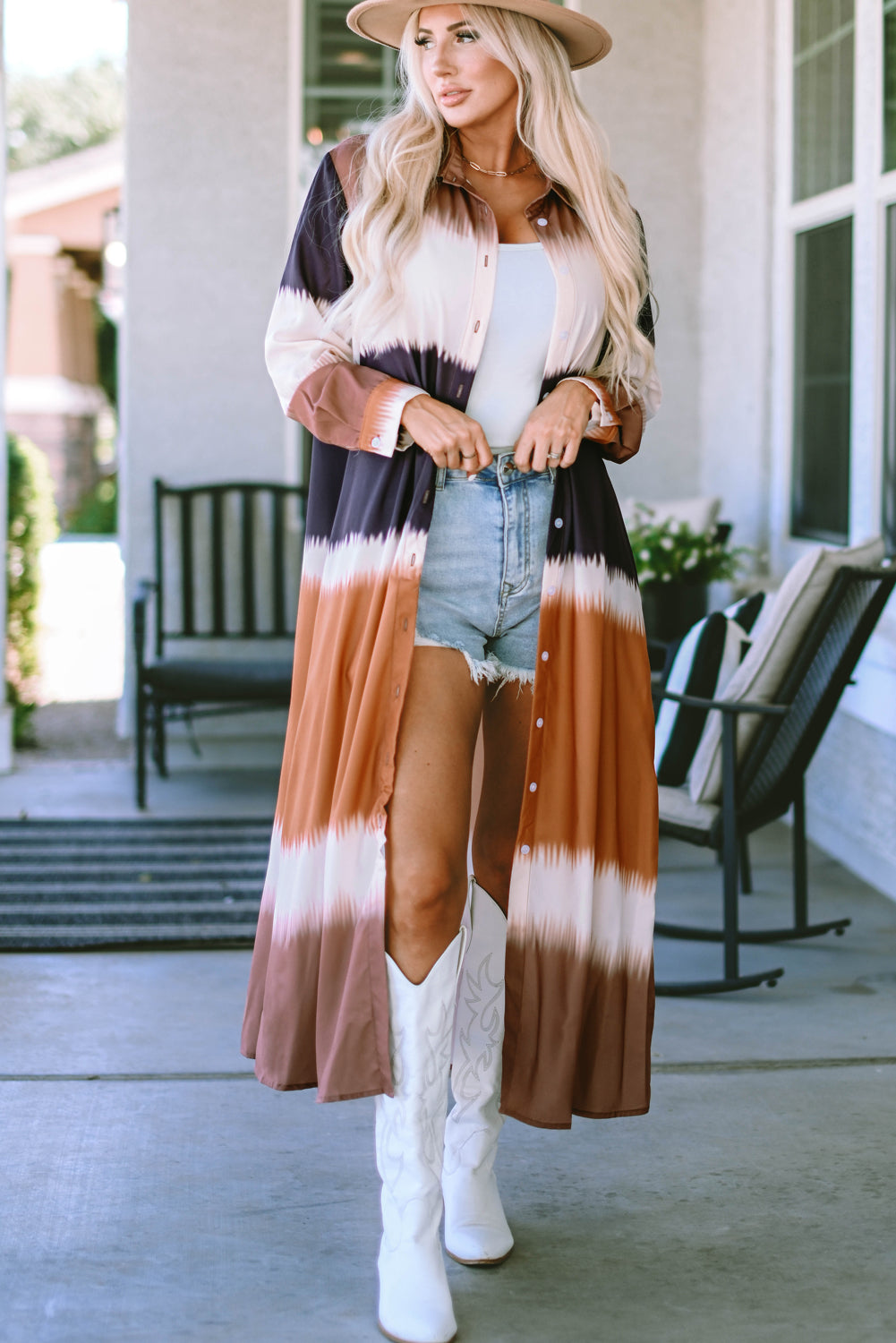 Maxi kimono boutonné multicolore tie-dye color block