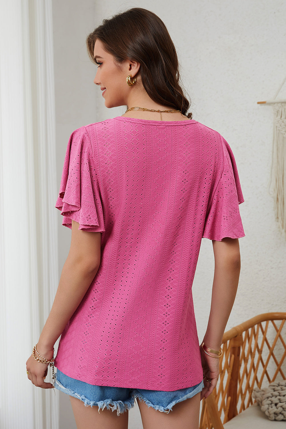 Flutter Sleeve Eyelet Textured Top