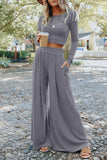 Black Solid Color Ribbed Crop Top Long Pants Set