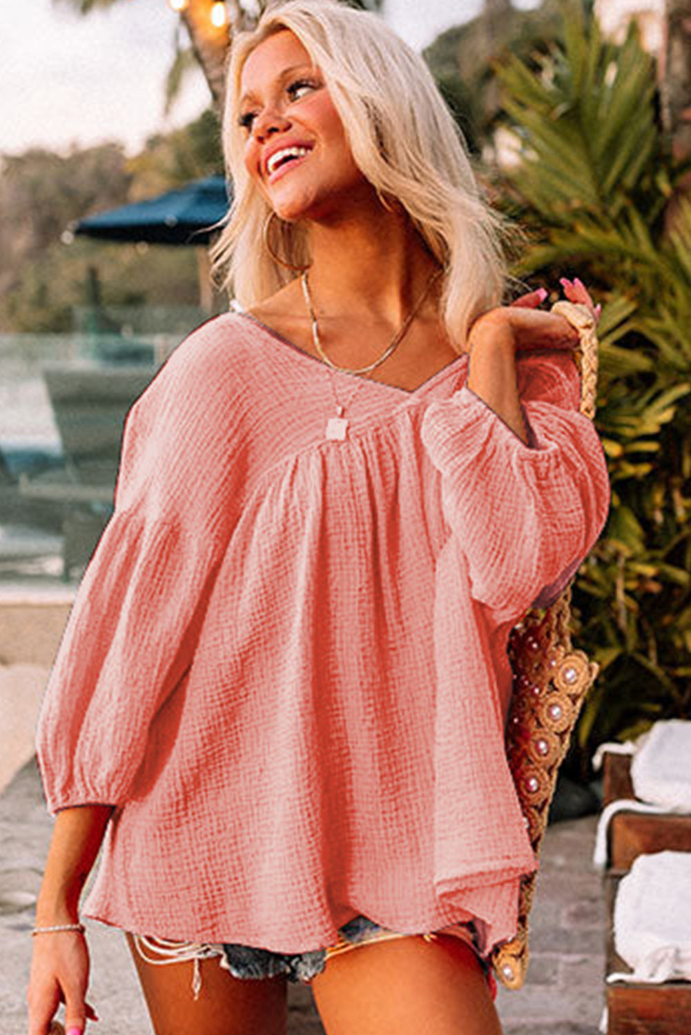 Textured V Neck Bracelet Sleeve Babydoll Blouse