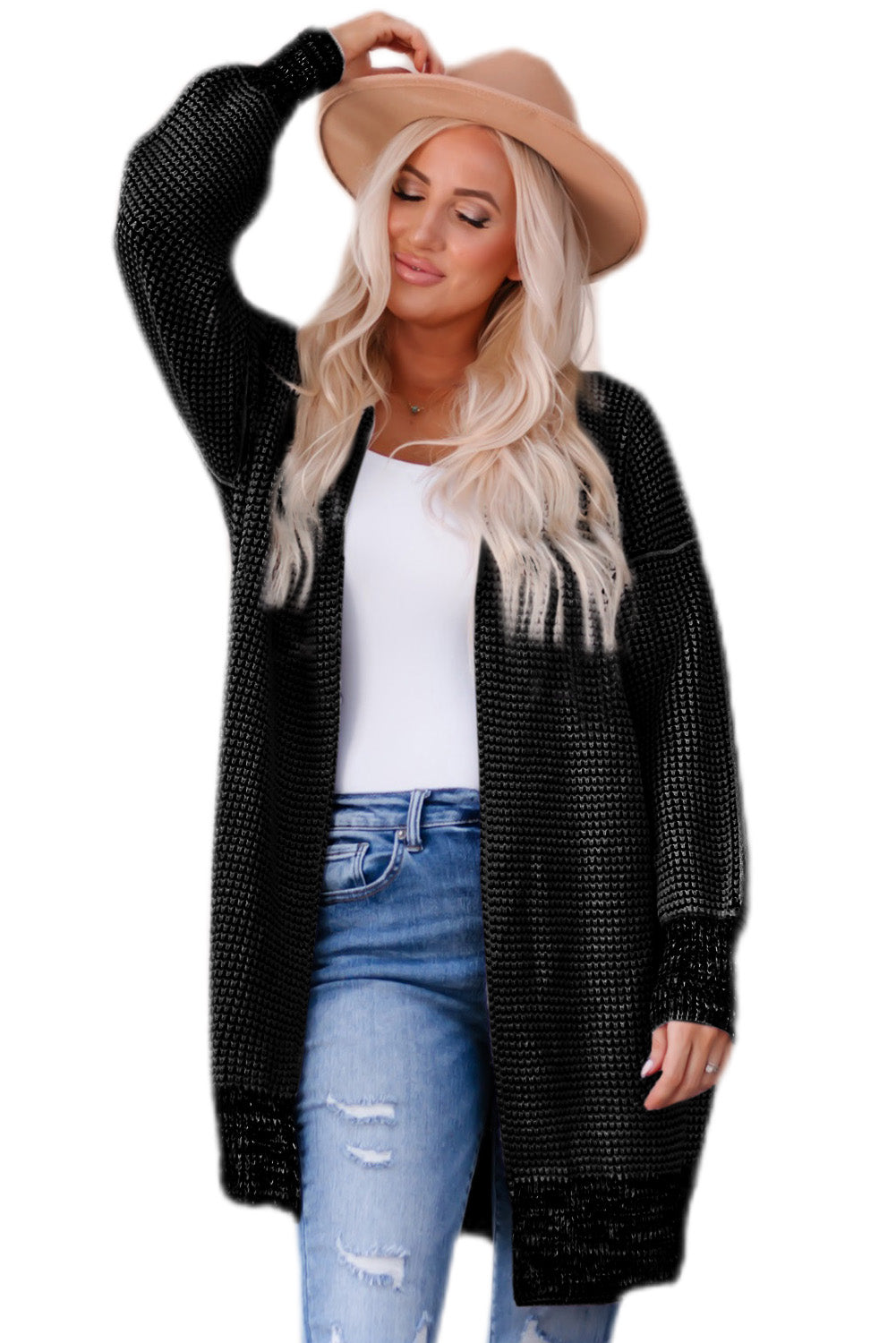 Gray Textured Knit Pocketed Duster Cardigan