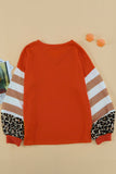 Orange V Neck Leopard Stripe Splice Lantern Sleeve Top