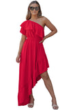 Robe longue rouge à une épaule et à volants, haute et basse