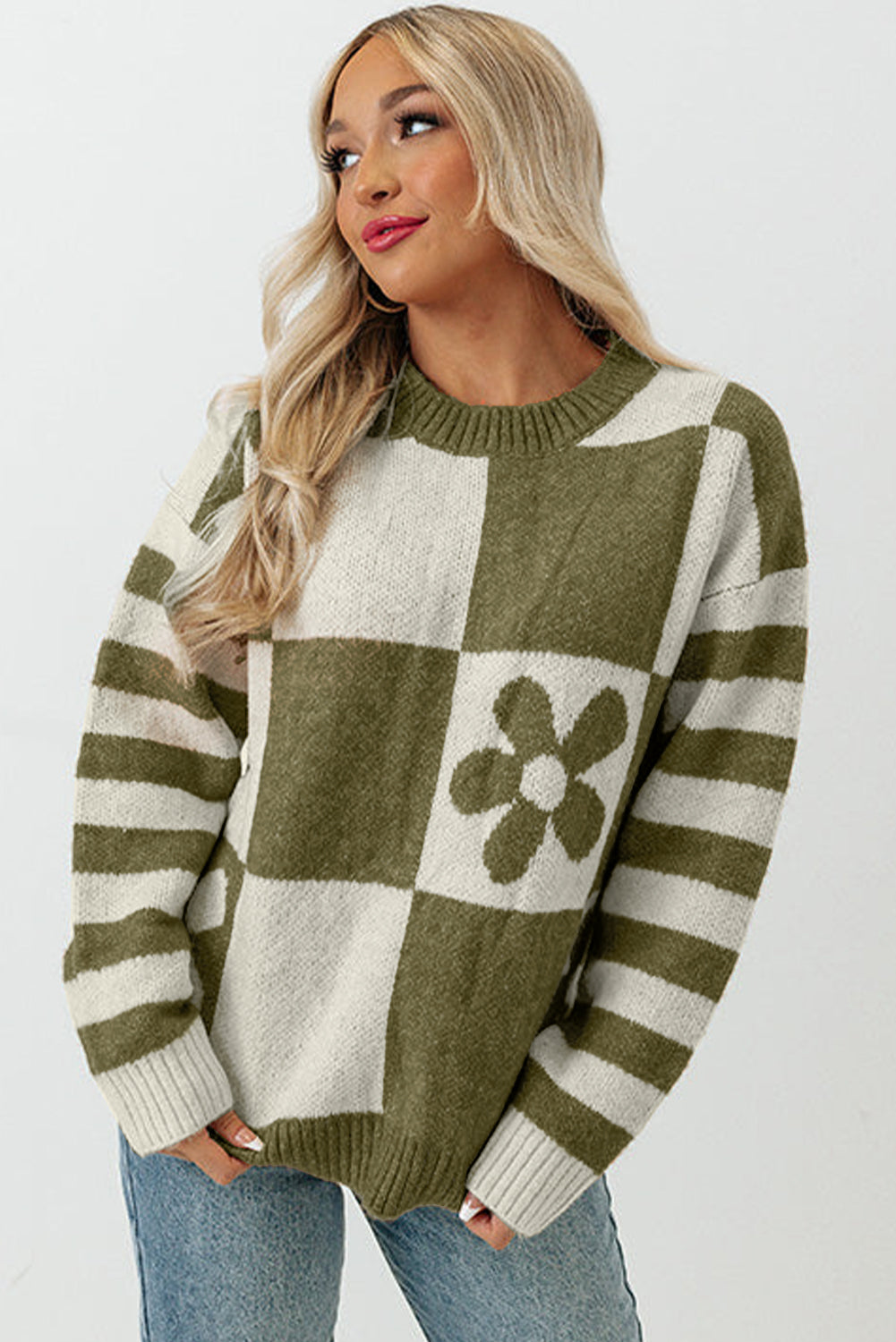 Green Checkered Floral Print Striped Sleeve Sweater