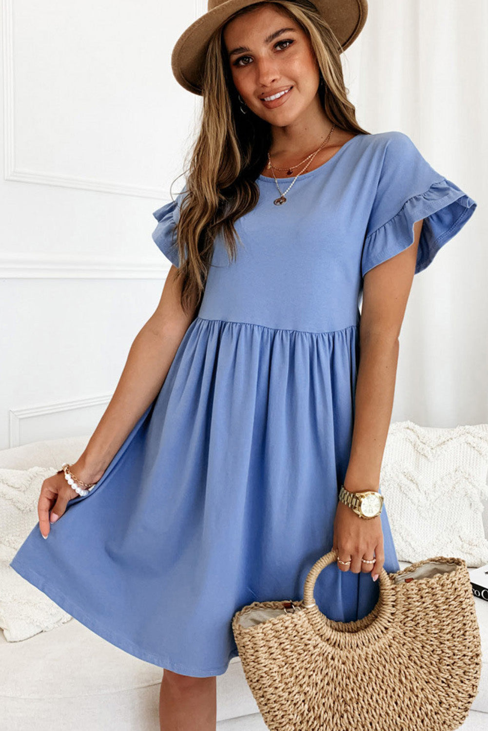 Round Neck Ruffle Sleeve Loose Dress