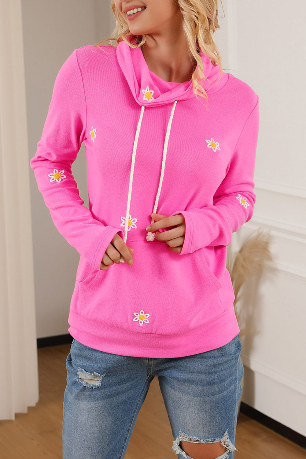 Flower Embroidered Thumbhole Sleeve Cowl Neck Sweatshirt