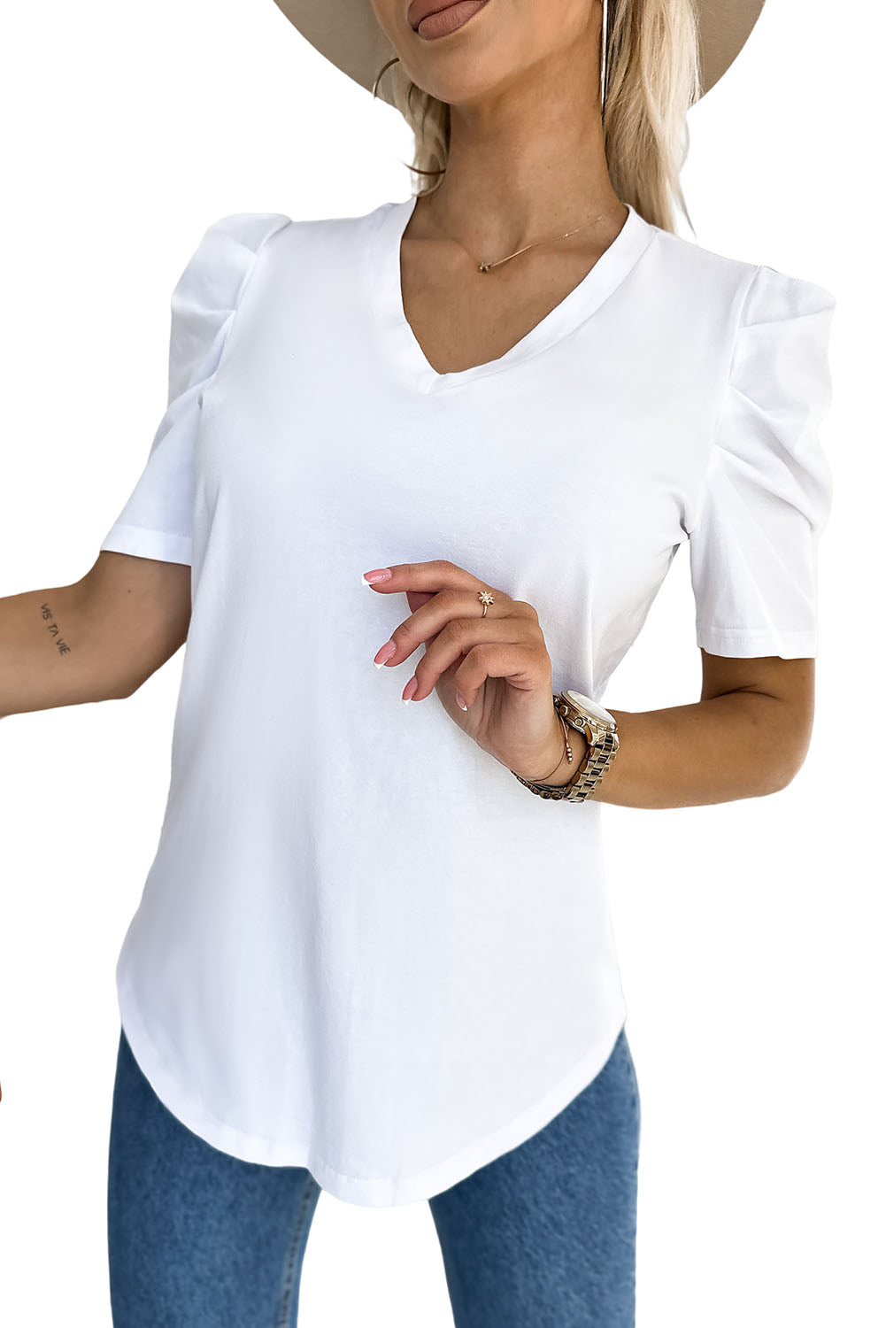 Black Puff Sleeve V-Neck T-Shirt