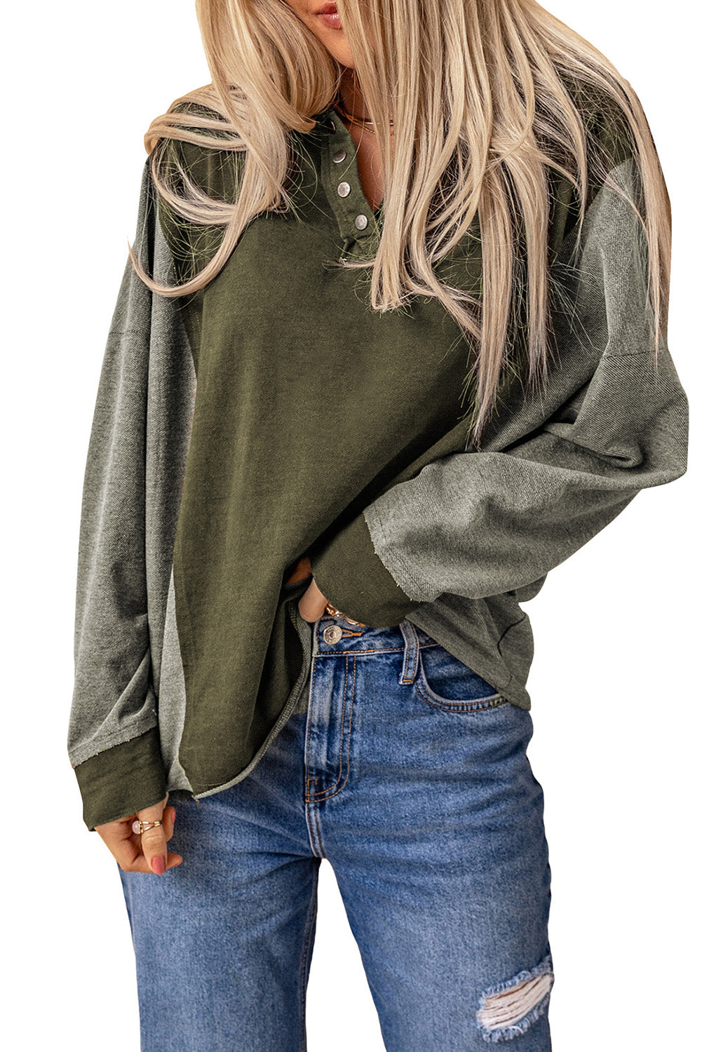 Patchwork Button Down Neckline Hoodie