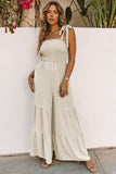 Black Tie Straps Shirred Bodice Tiered Wide Leg Jumpsuit