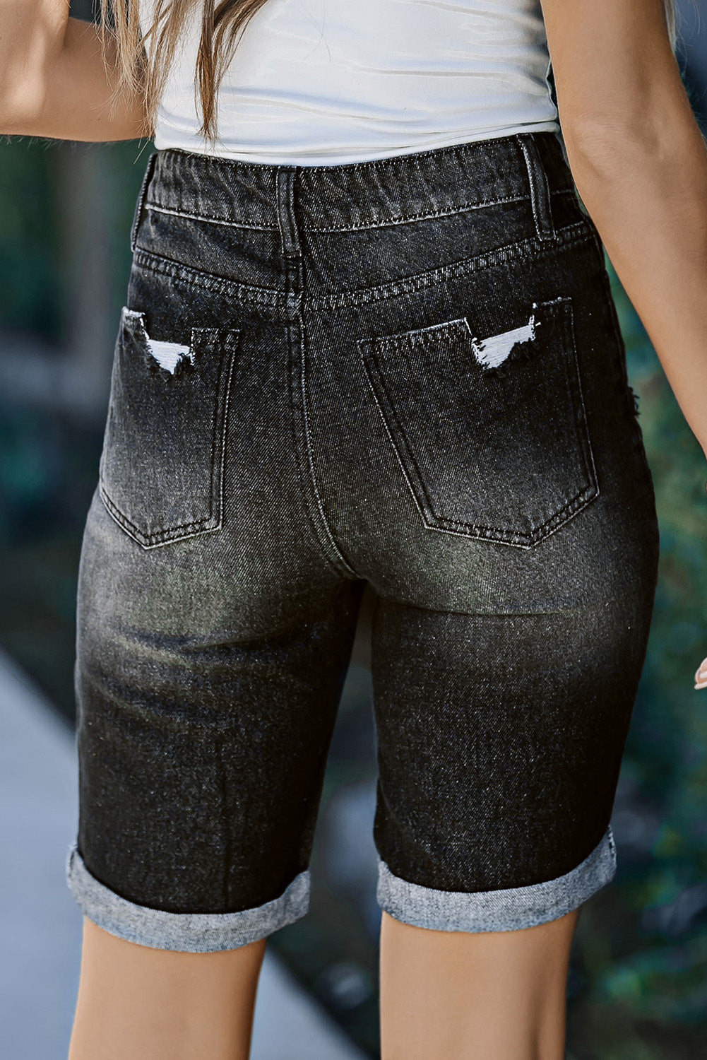 Roll-up Distressed Bermuda Denim Shorts