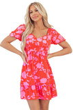 Red Floral Bubble Sleeve Sweetheart Neck Ruffled Mini Dress