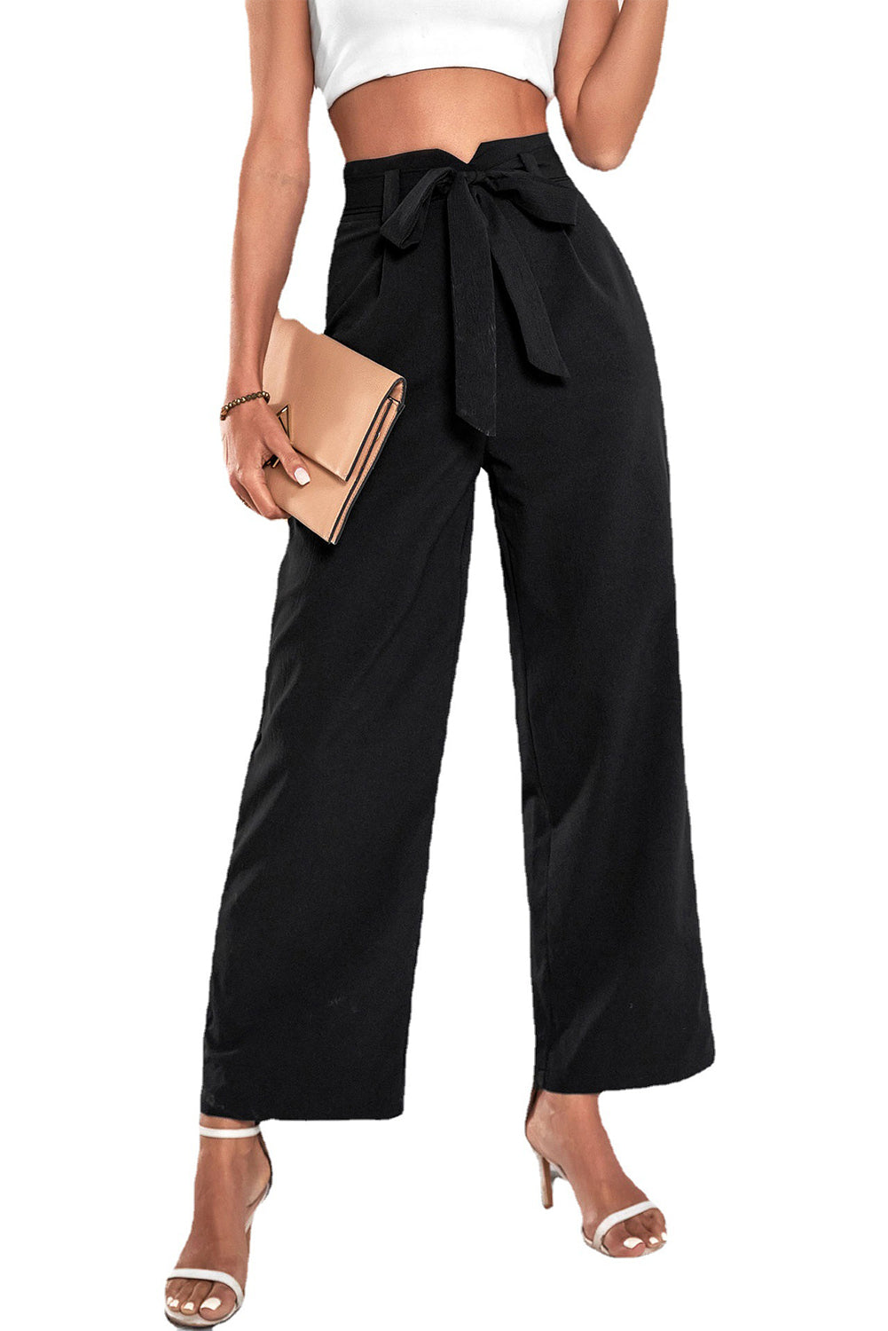 Solid Color Tie Waist Wide Leg Pants