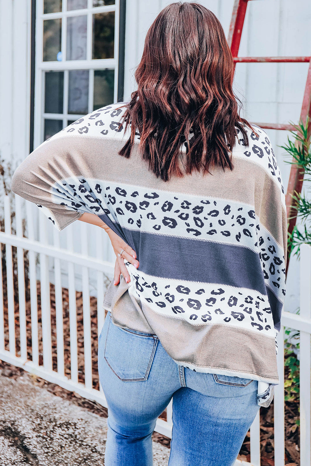 Plus Size Leopard Striped Color Block Oversized Top