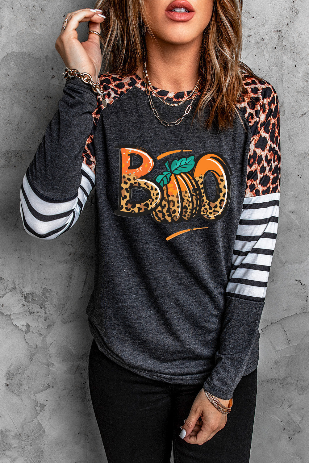 BOO Pumpkin Leopard Striped Long Sleeve T Shirt