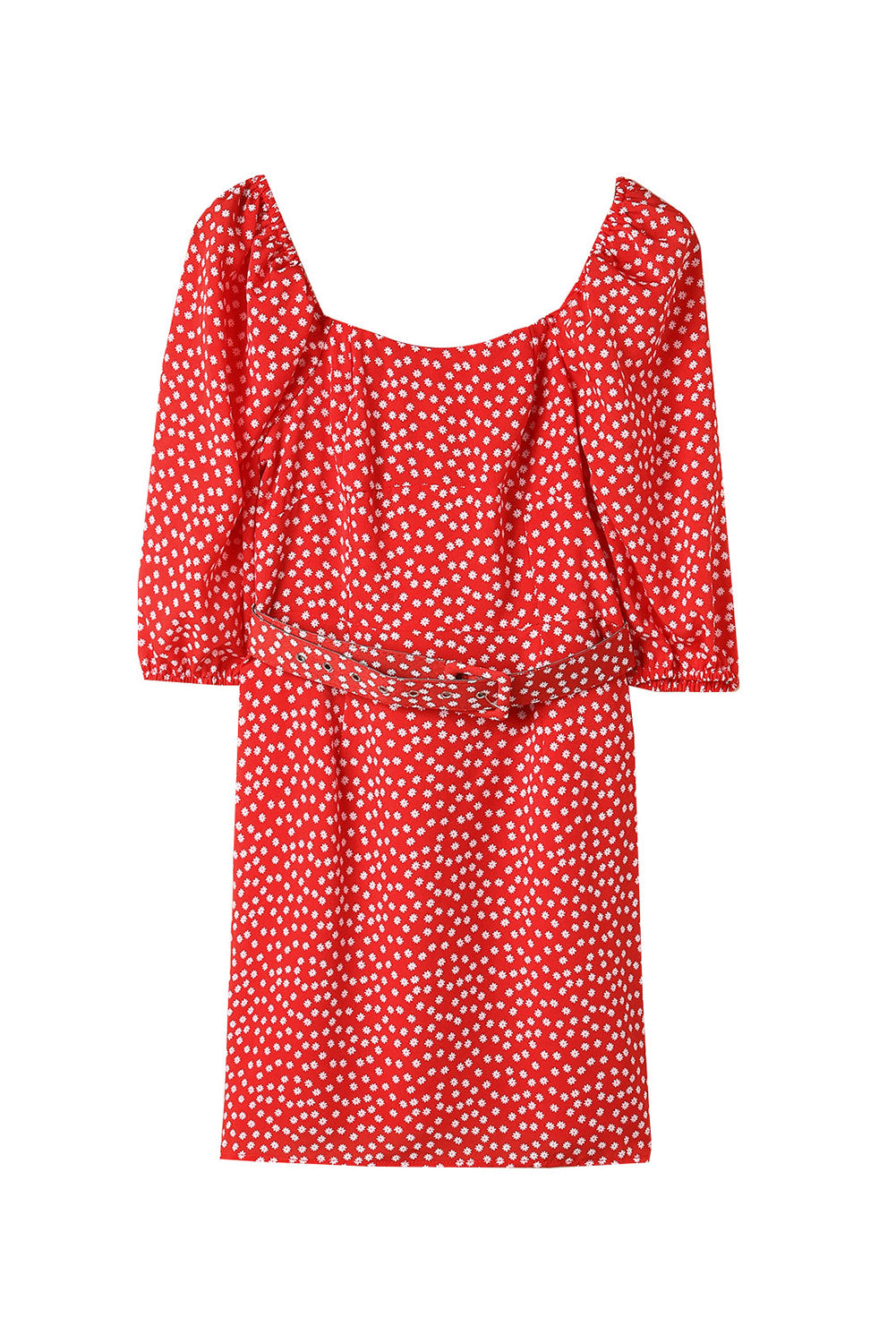 Mini-robe rouge à imprimé marguerite, col carré, manches bouffantes