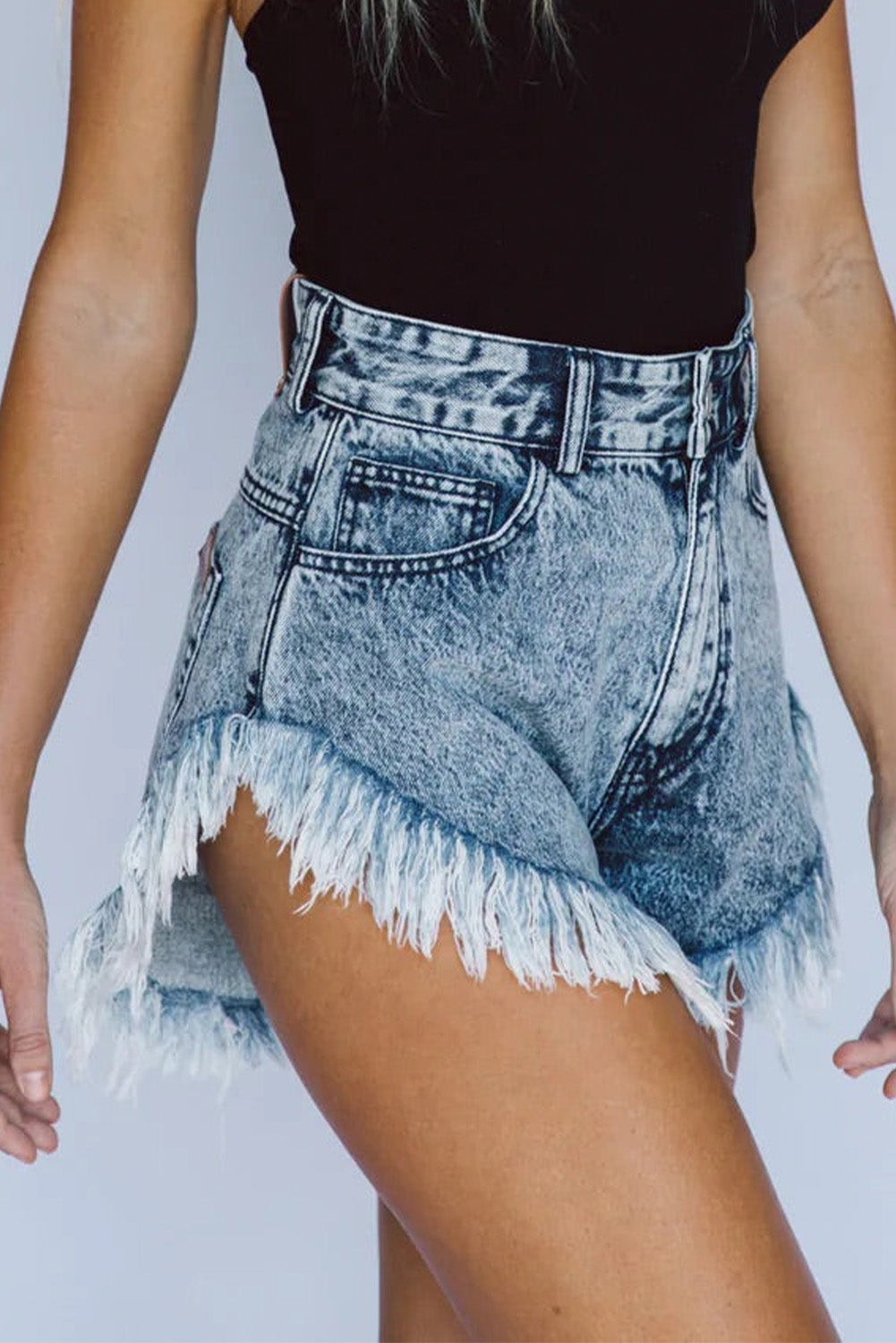 Dark Acid Wash Raw Hem Jean Shorts