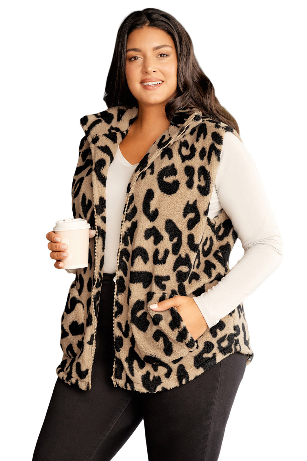 Plus Size Stand Neck Zipped Front Sherpa Jacket Vest