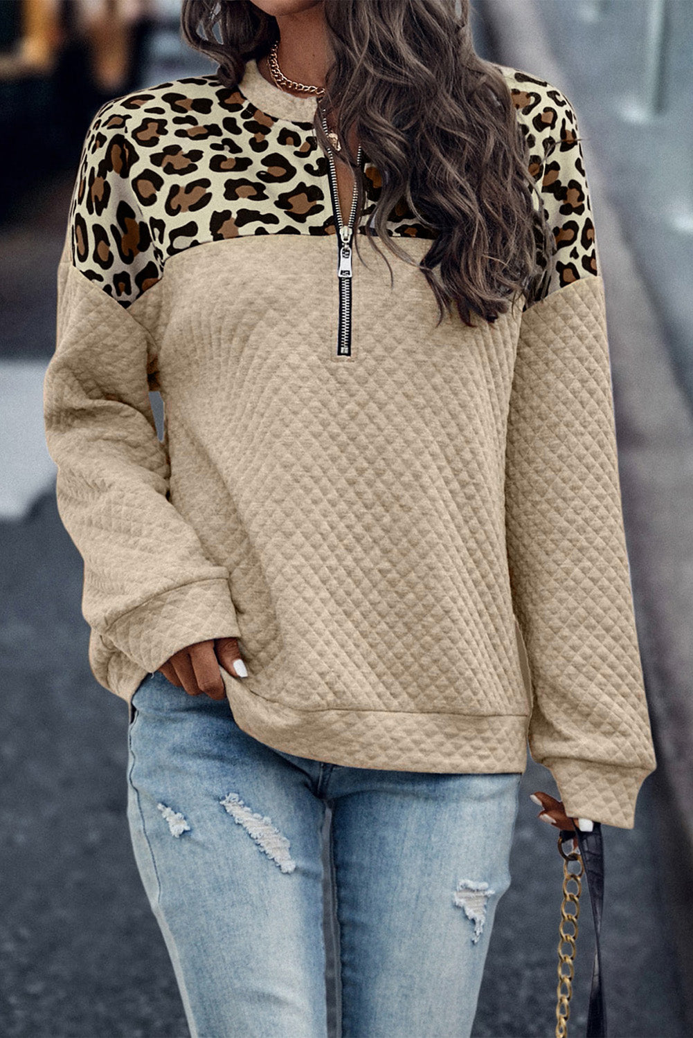 Leopard Splicing Drop Shoulder Zipped Sweatshirt