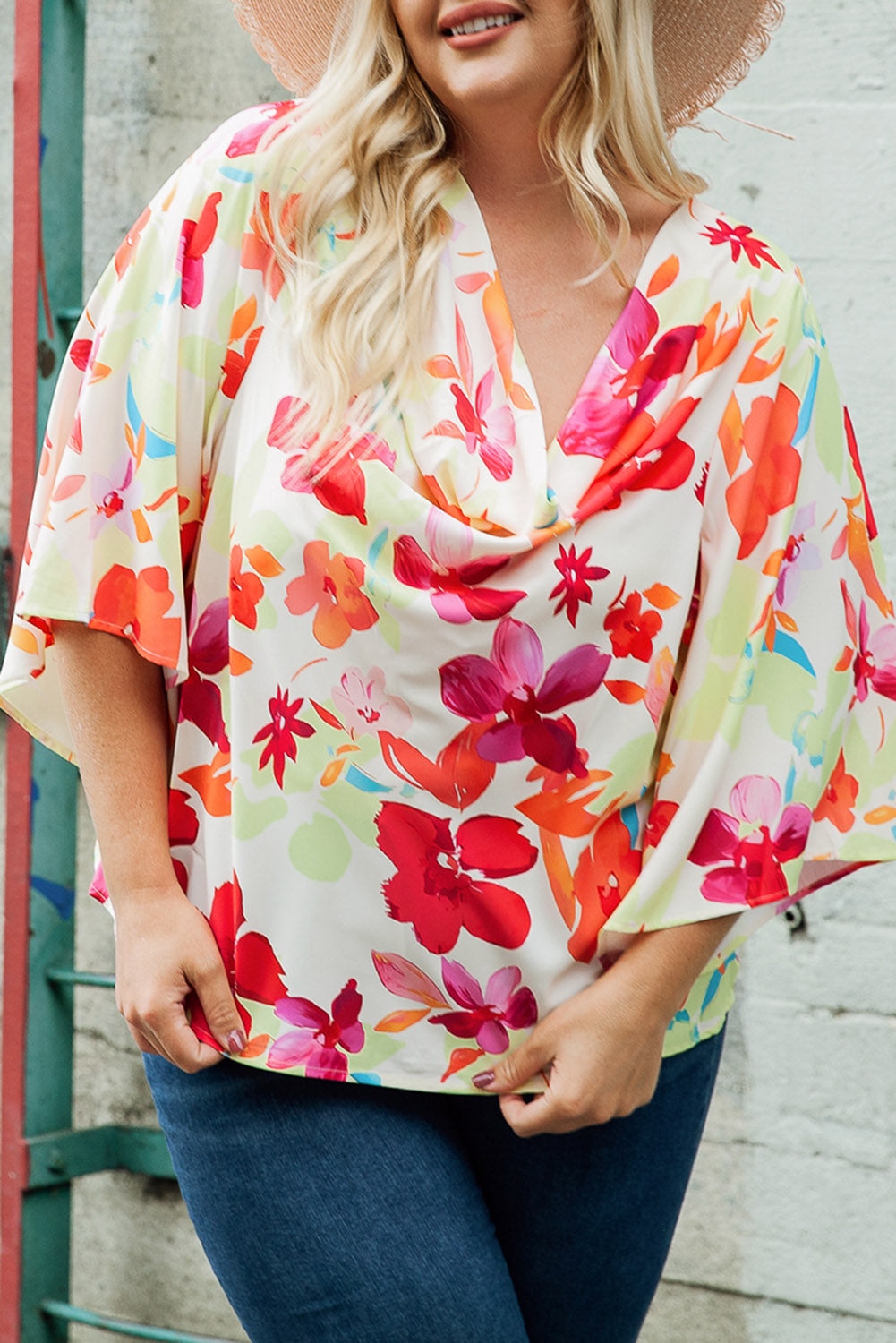 Floral Print Cowl Neck Plus Size Blouse