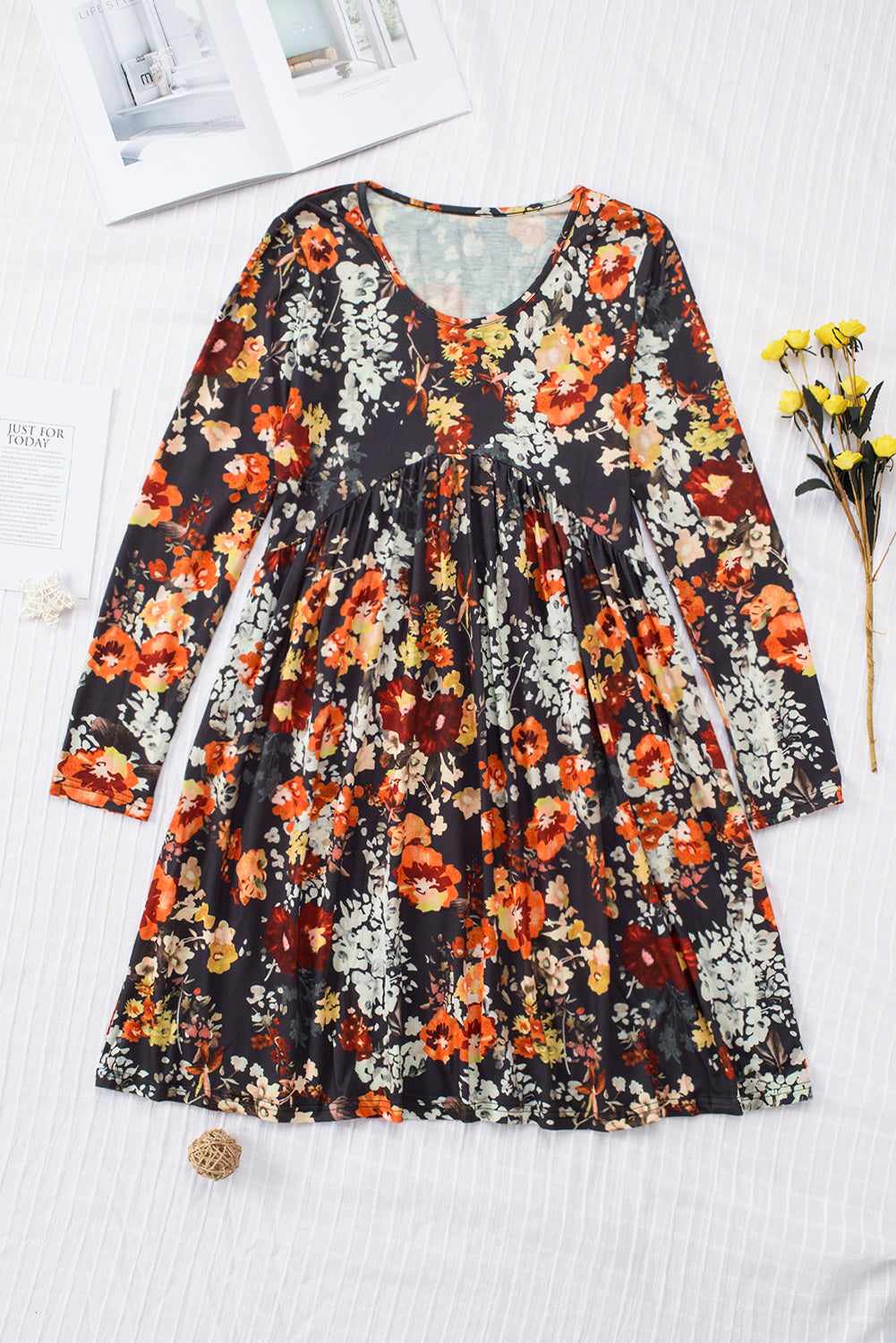 Floral Print Ruched Long Sleeve Dress