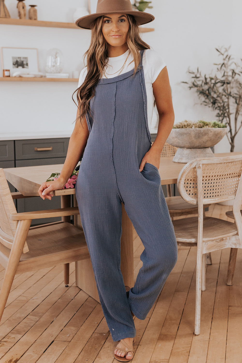 Distressed Trim Crinkle Pocketed Jumpsuit