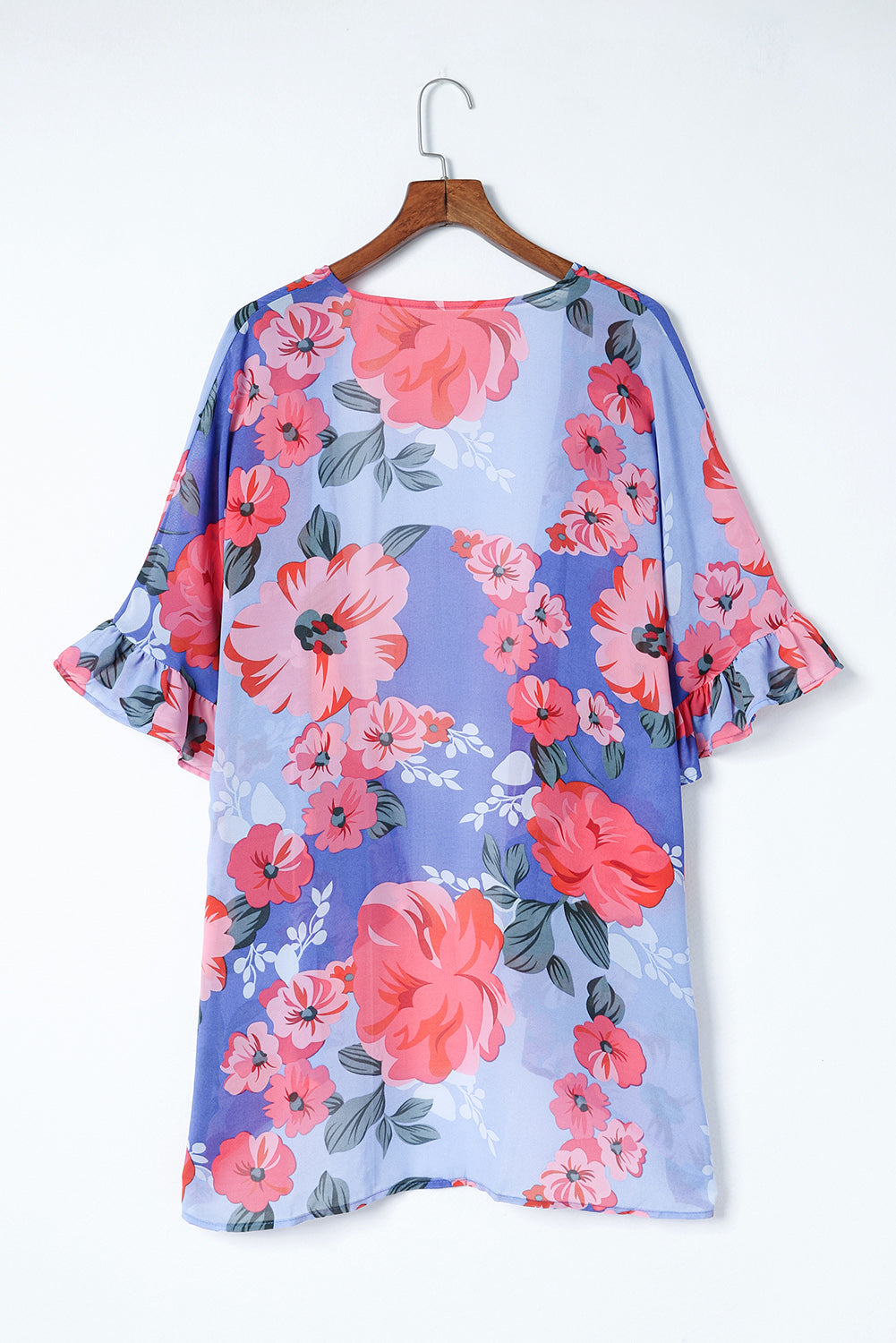 Kimono rose imprimé floral à volants et manches 3/4, coupe ample