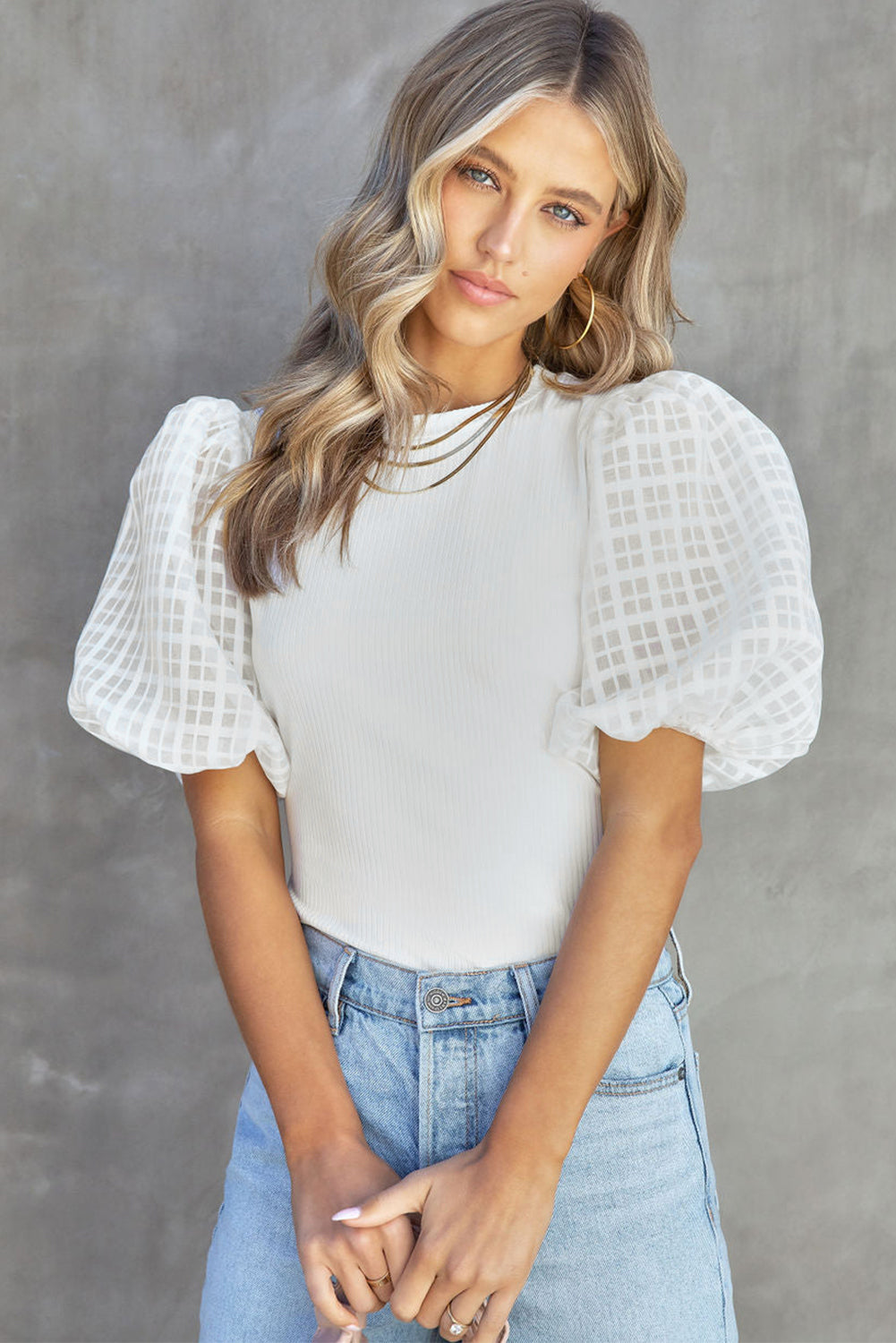 Checkered Puff Sleeve Ribbed Knit Top