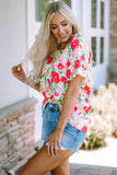 Floral Print Ruffled Short Sleeve V Neck Blouse