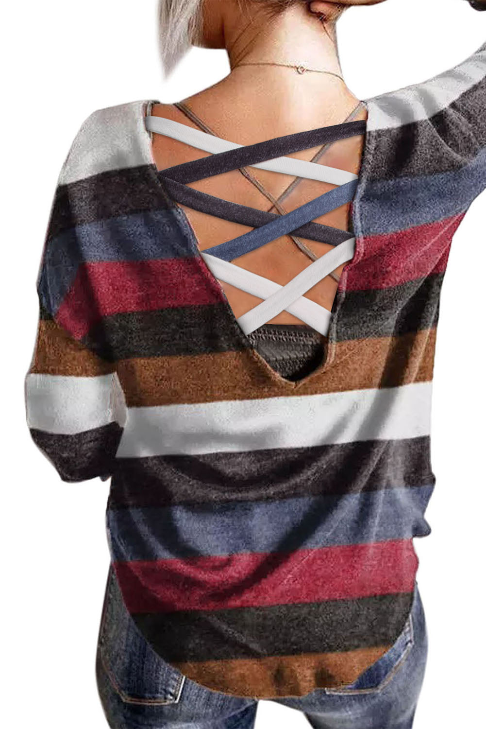 Striped Crisscross Back Long Sleeve Top