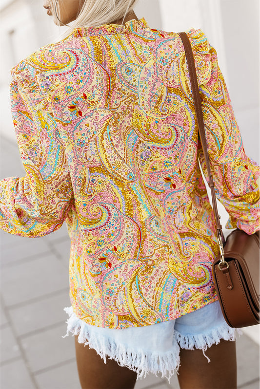 Paisley Print Ruffled Trim Boho Shirt