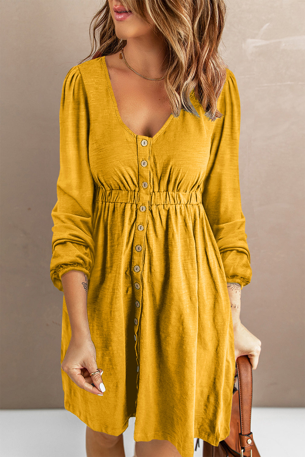 Button Up High Waist Long Sleeve Dress