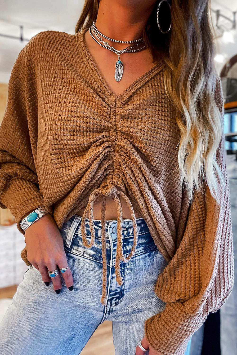 V-Neck Drawstring Dolman Sleeve Waffle Knit Top