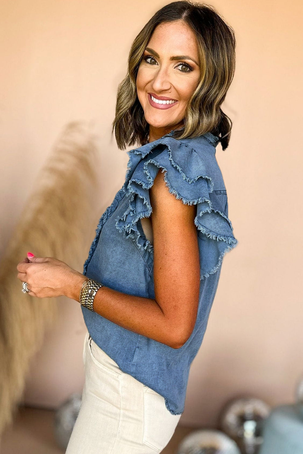 Ashleigh Blue Button Front Ruffled Flutter Frayed Denim Top