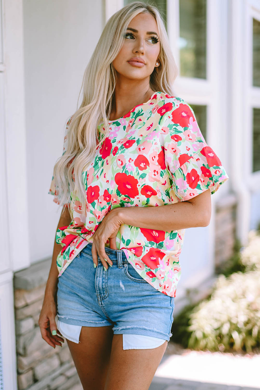 Floral Print Ruffled Short Sleeve V Neck Blouse