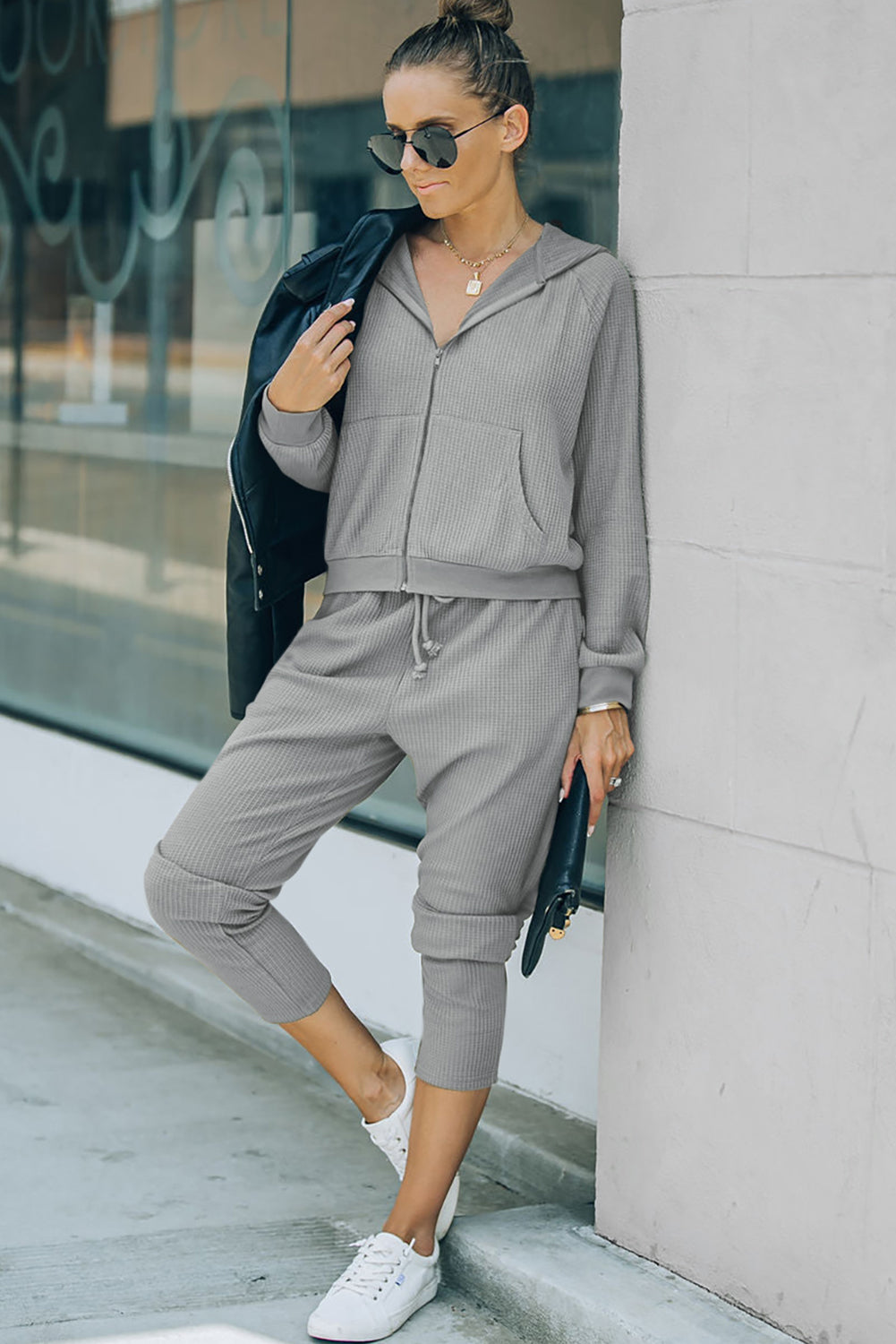 Waffle Knit Zip-Up Hoodie and Pants Athleisure Outfit