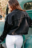 Sequin Sleeve Pocketed Raw Hem Denim Jacket