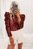 Apricot Sequin Mock Neck Bubble Sleeve Top