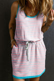 Pink Stripe Contrast Trim Pocketed Casual Tank Dress