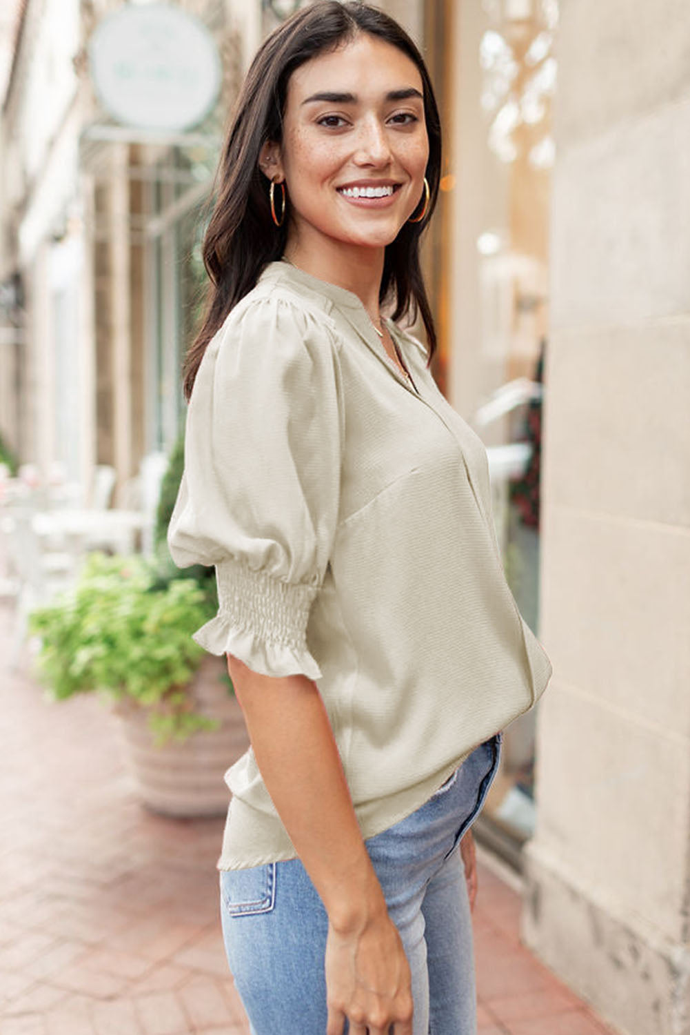 Solid Color Half Sleeve V Neck Blouse