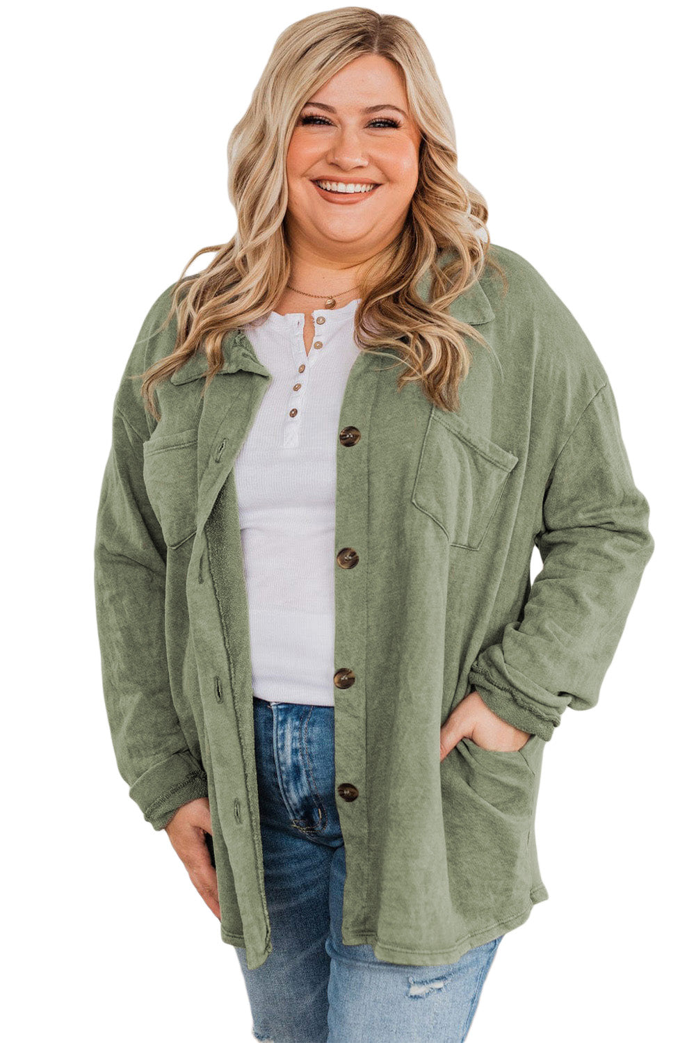 Plus Size Buttons Closure Pocketed Shacket