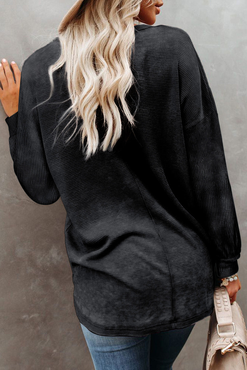 Waffle Knit V Neck Long Sleeve Loose Tunic Top