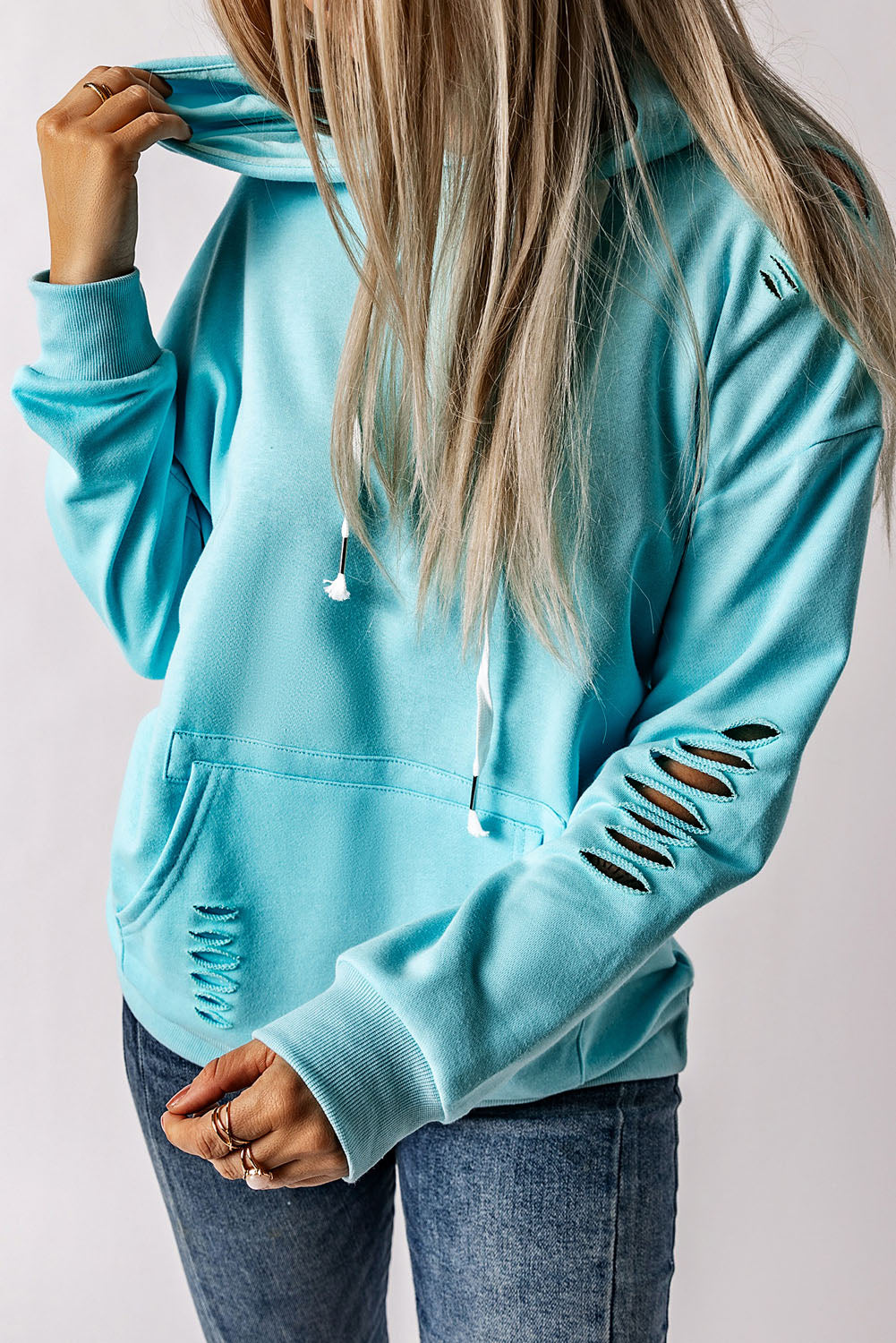 Solid Ripped Hooded Sweatshirt with Kangaroo Pocket