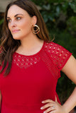 Red Plus Size Lace Yoke Splice Fit-and-flare Curvy Dress