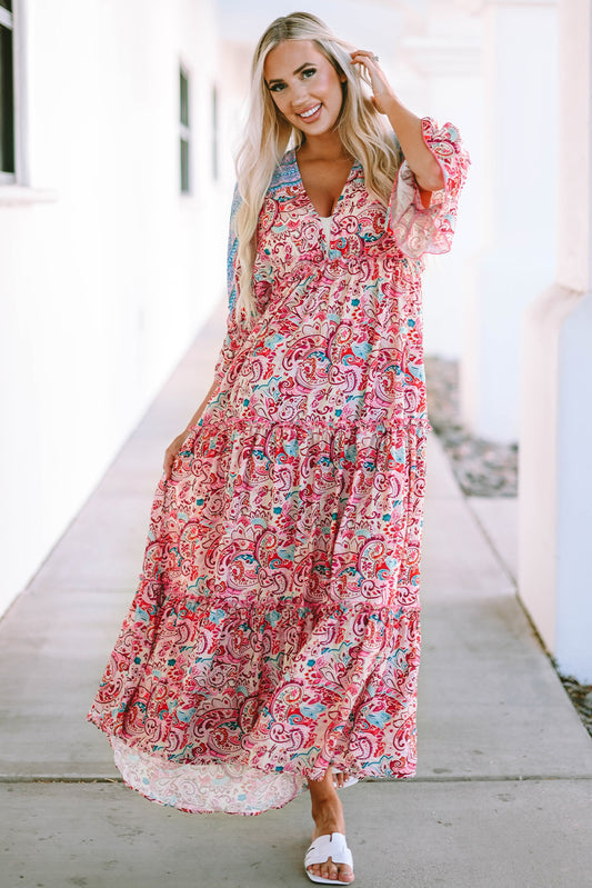 Boho Floral Paisley Print Tassel Tie V Neck Maxi Dress