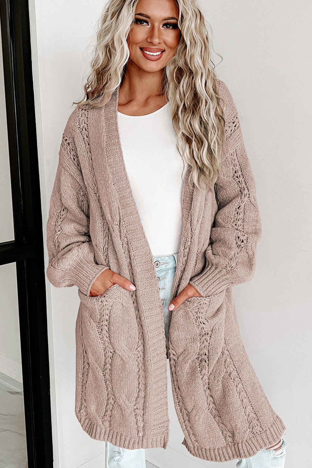 Black Ribbed Trim Eyelet Cable Knit Cardigan