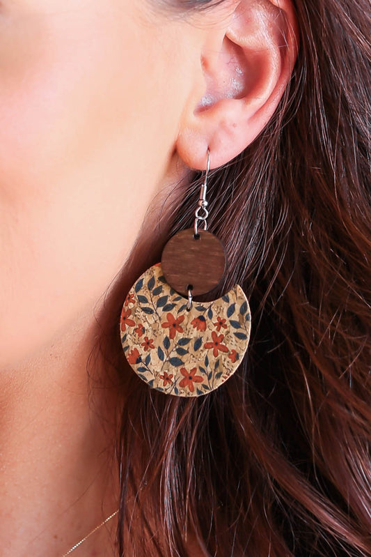 Vintage Floral Print Geometric Wood Earrings