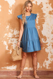 Crew Neck Flutter Tiered A-line Chambray Dress