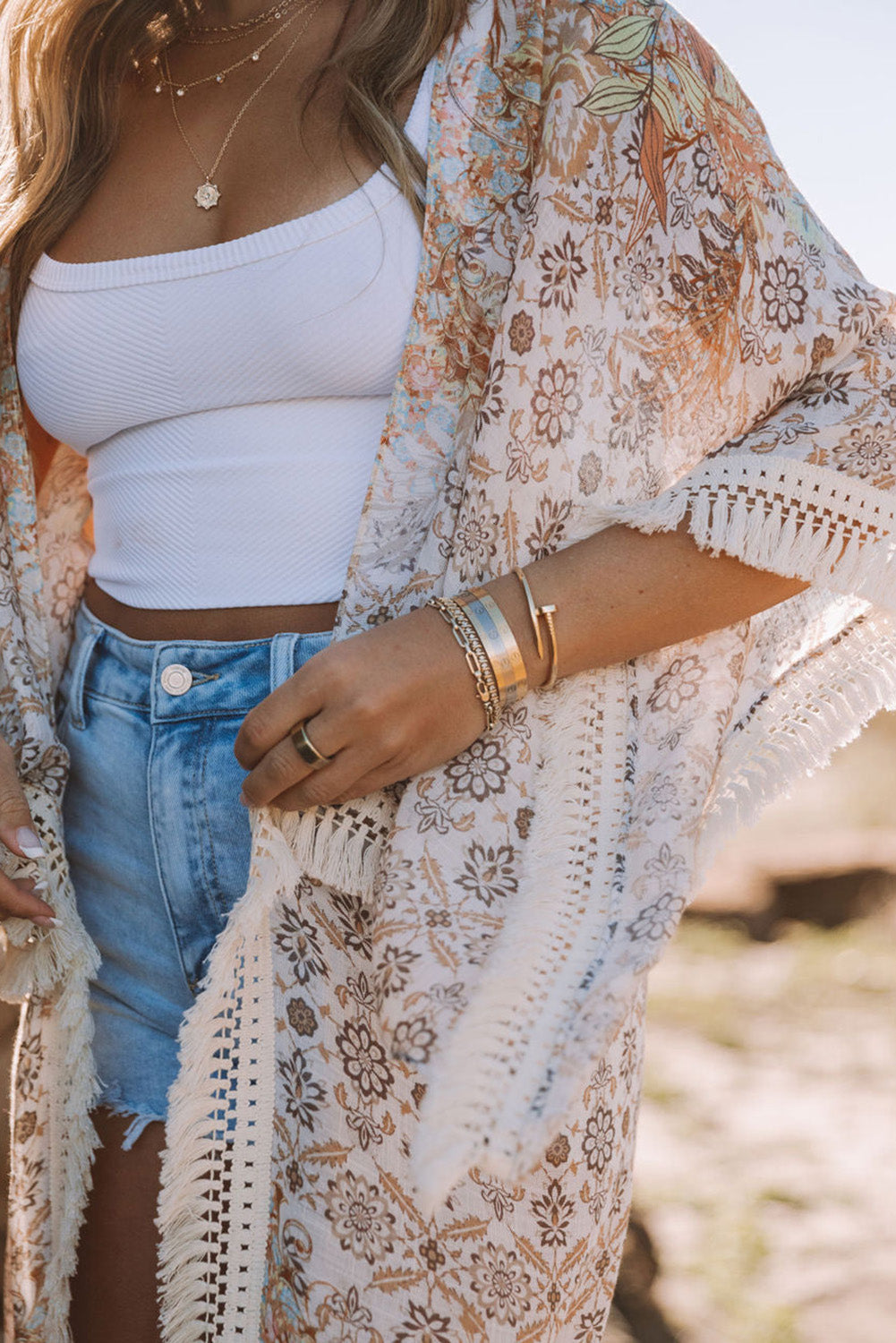 Tassel Trim Split Sleeve Boho Print Kimono